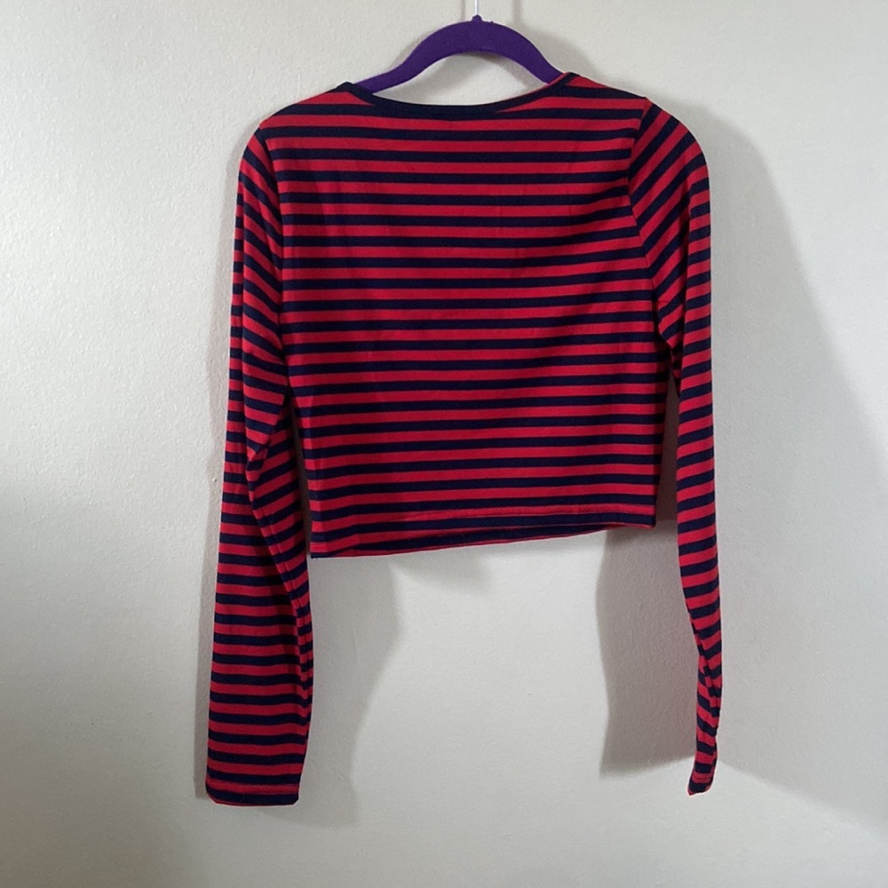 New Red &  Dark Blue Striped print Crop Top Long Sleeve Large Cute Preppy Fall - Picture 4 of 5